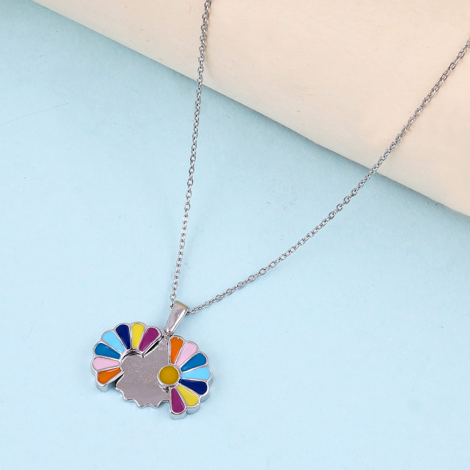 Silver Plated Rainbow Sunflower Pendant Necklace