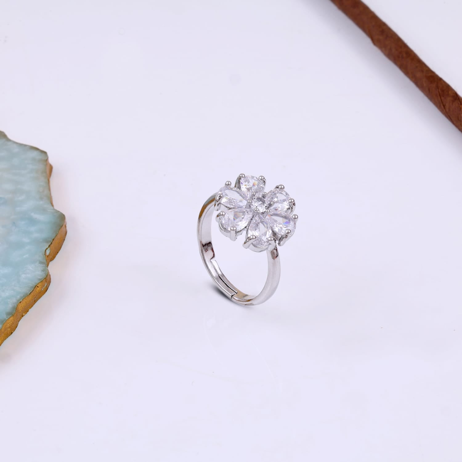 Elegant Silver Crystal Flower Ring