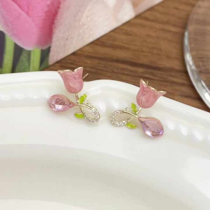 Mini Pink Flower Crystal Shiny Earring