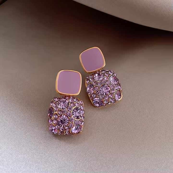 Elegant Cube Shaped Purple Crystal Earring