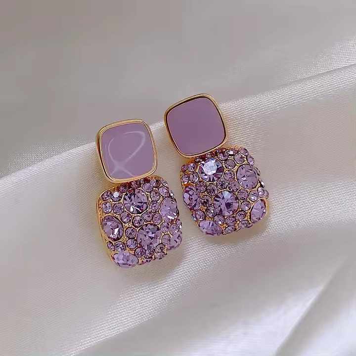 Elegant Cube Shaped Purple Crystal Earring