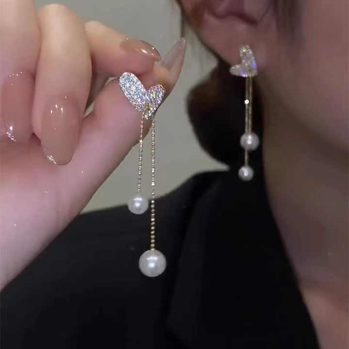 Zircon Filled Heart Chain Pearl Tassel Earring