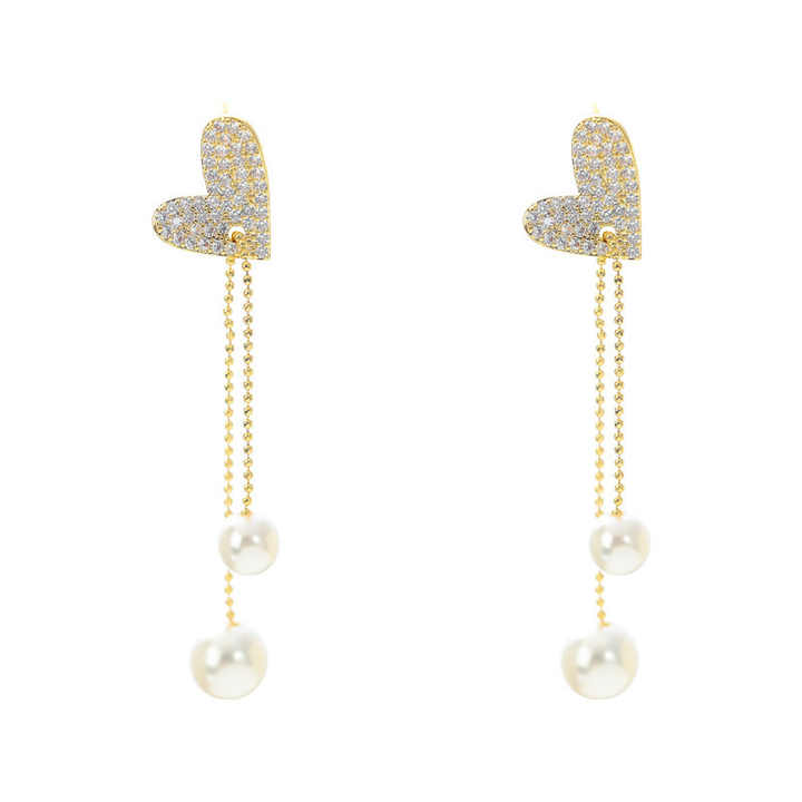 Zircon Filled Heart Chain Pearl Tassel Earring