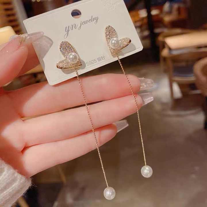 Zircon Filled Heart Chain Pearl Tassel Earring