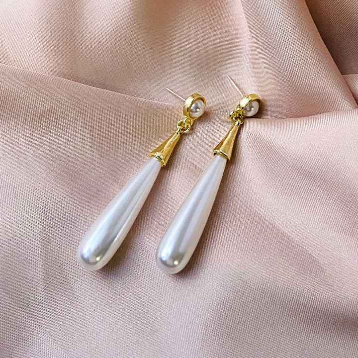 Gold Plated Long Pearl Drop Earring