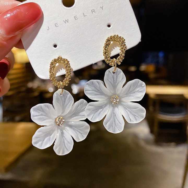 Gold Plated Big white Flower Drop Earring