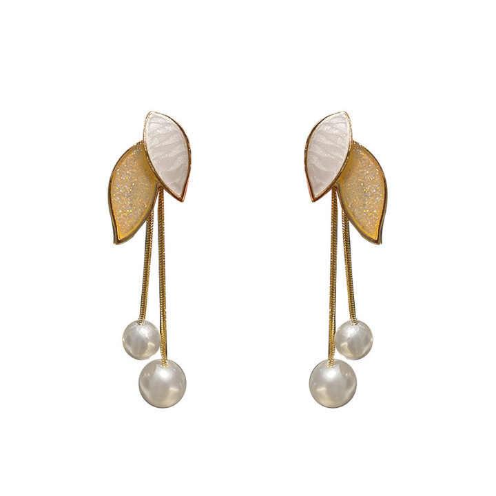 Double Leaf Design Long Pearl Chain Tassel Earring