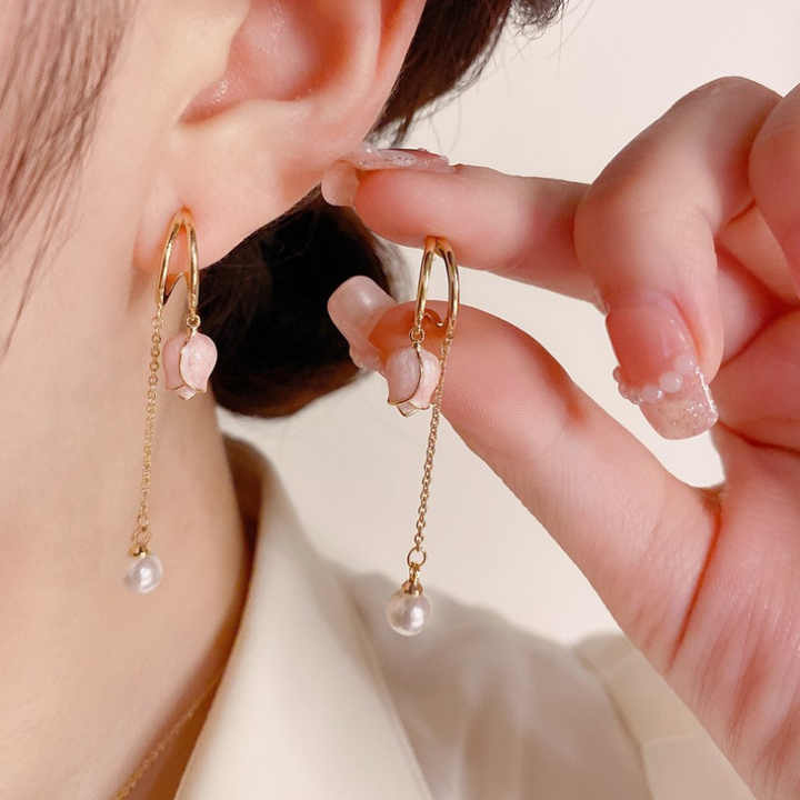 Gold Plated Mini Pink Flower Tassel Earring