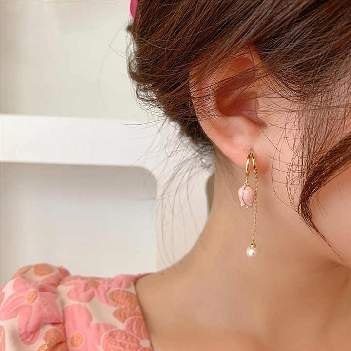 Gold Plated Mini Pink Flower Tassel Earring