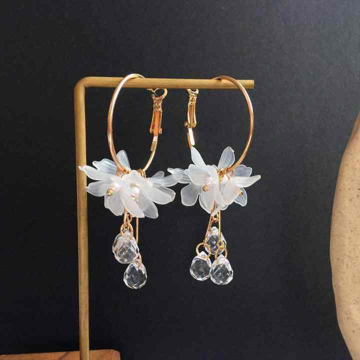 Multi White Flower Crystal Balls Hoop Earring