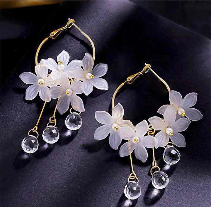 Multi White Flower Crystal Balls Hoop Earring