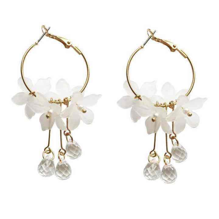 Multi White Flower Crystal Balls Hoop Earring