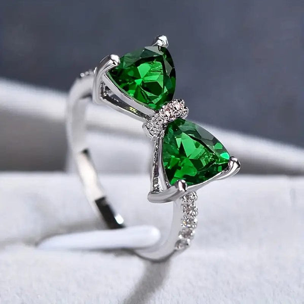 Silver Fancy Green Bow Ring