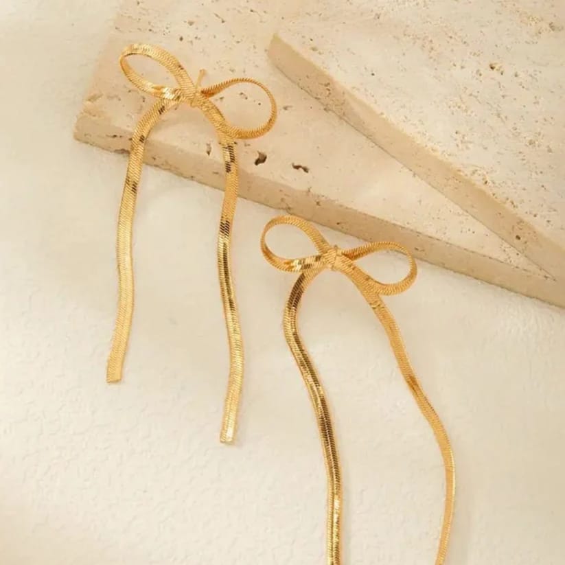 Gold Plated Bow Chain Type Long Earring