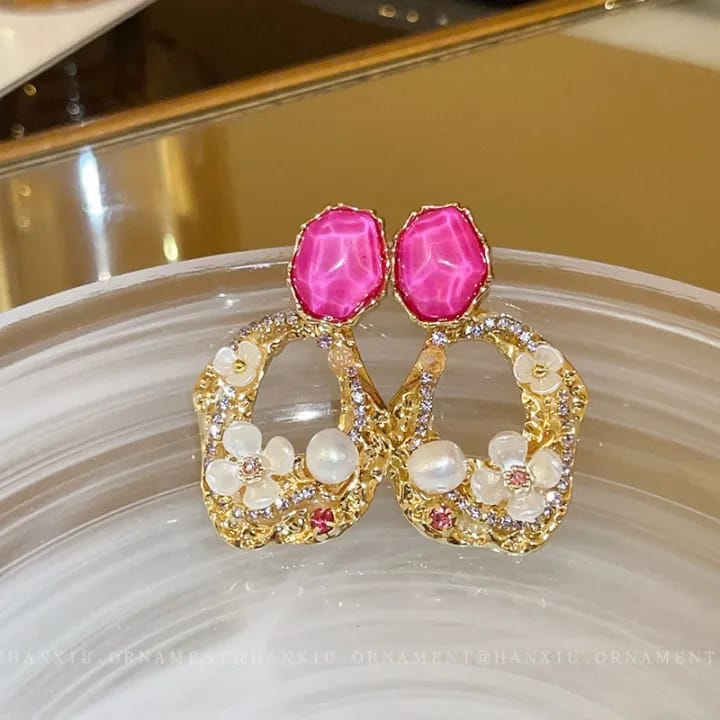 Pink Gemstone Floral Earrings with Pearls