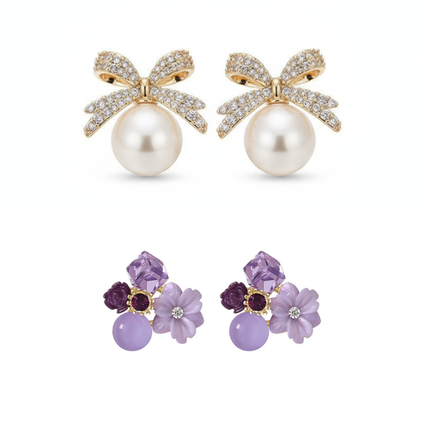 Pack Of 2 Purple Flower Pearl Earrings