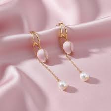 Pink Flower With Long Chain Earring