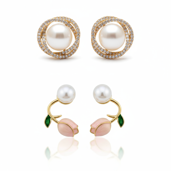 Pack Of 2 Round Pearl & Pink Rose Earrings