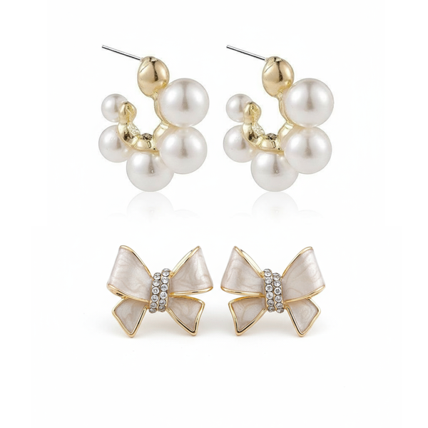 Combo Of 2 Gold & Pearl Mini-Hoops Earring