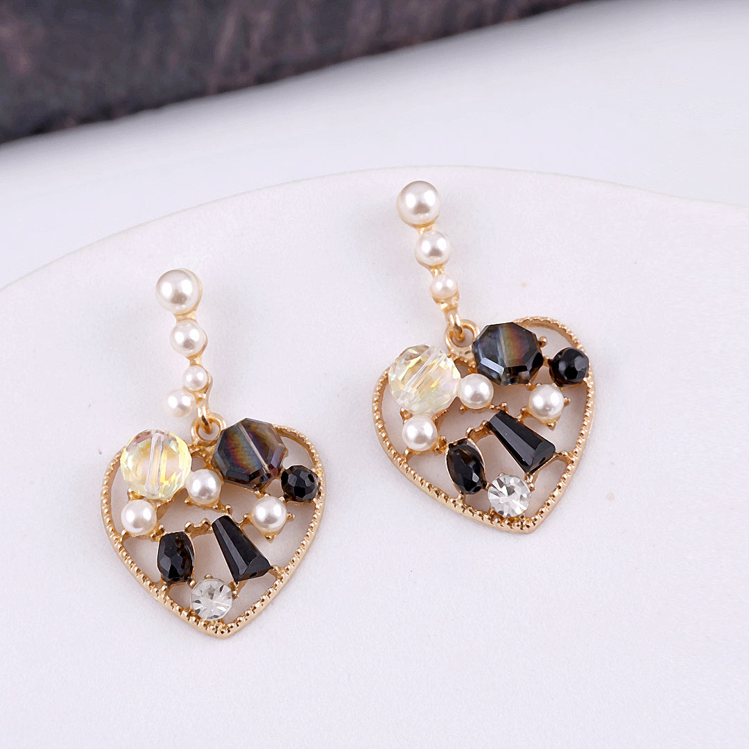 Black Rhinestone Heart Drop Earrings