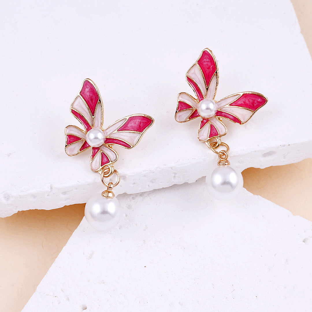 Pink Butterfly Pearl Drop Earrings