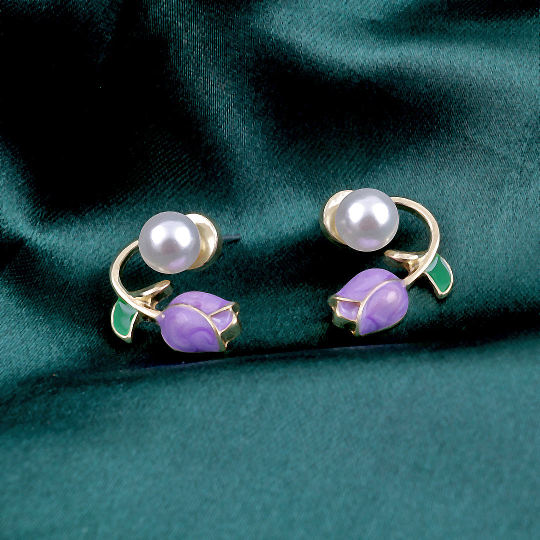 Purple Tulip Flower Pearl Earrings