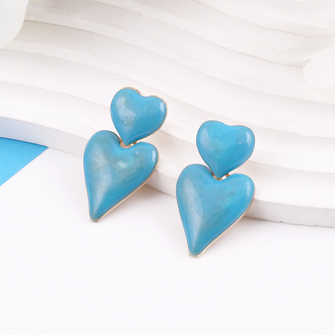 Blue Double Heart Drop Earrings