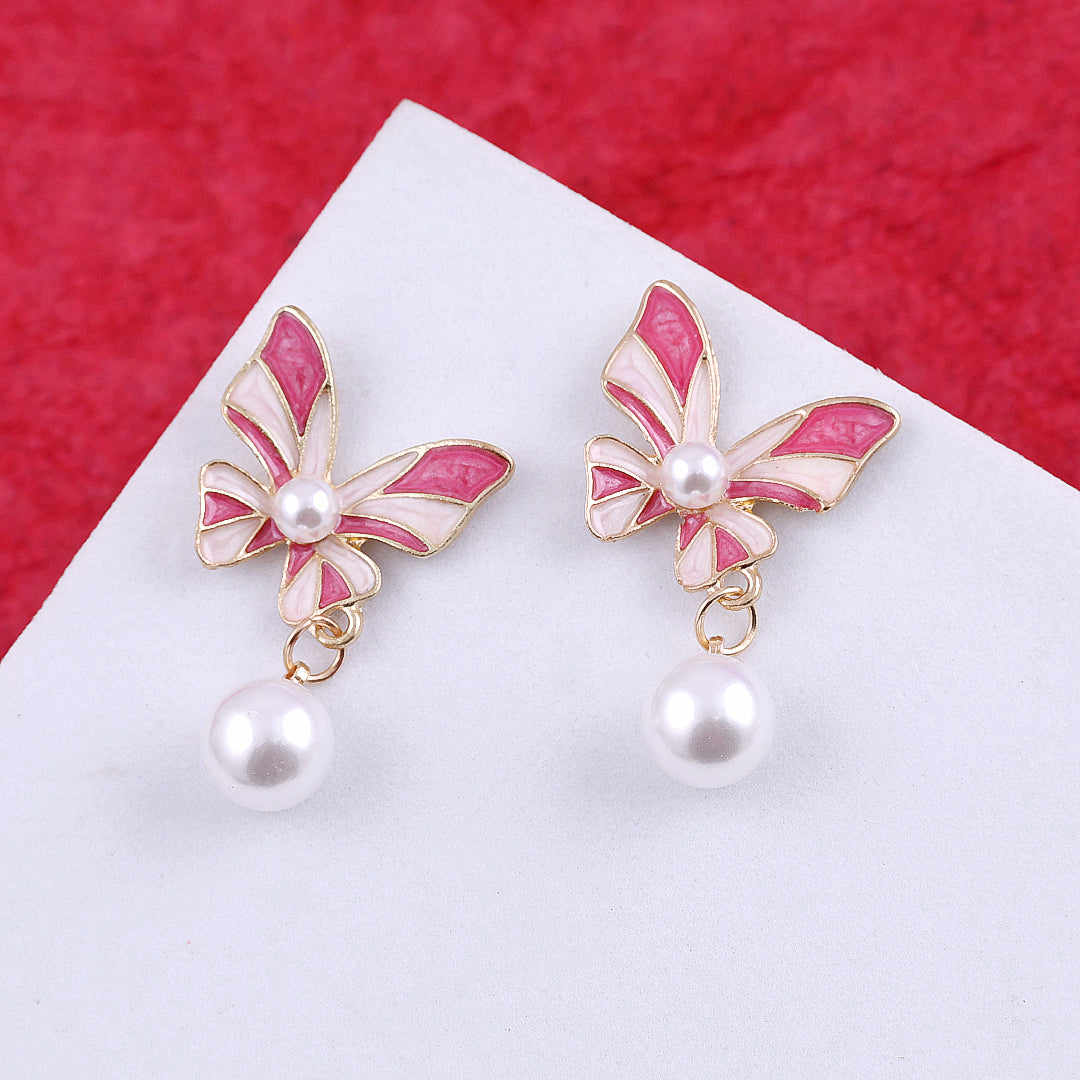 Pink Butterfly Pearl Drop Earrings