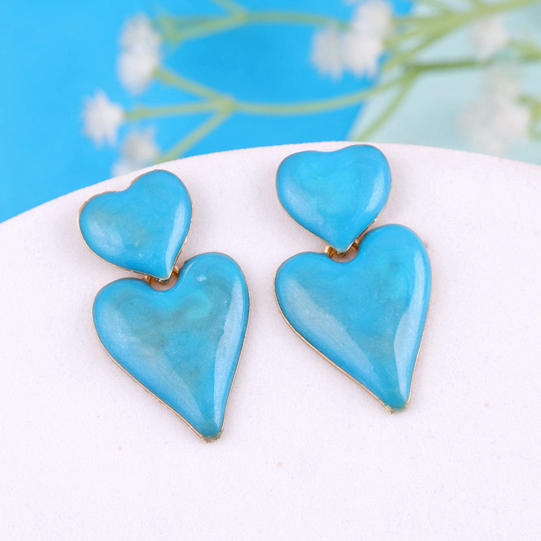 Blue Double Heart Drop Earrings