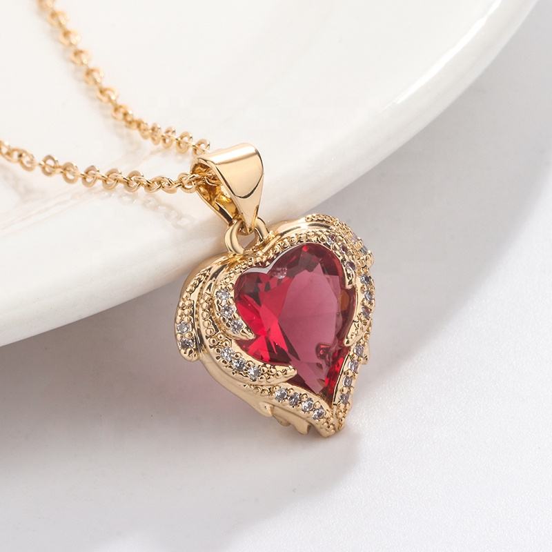 Angel Wings Wrapped Red Heart Zircon Pendant