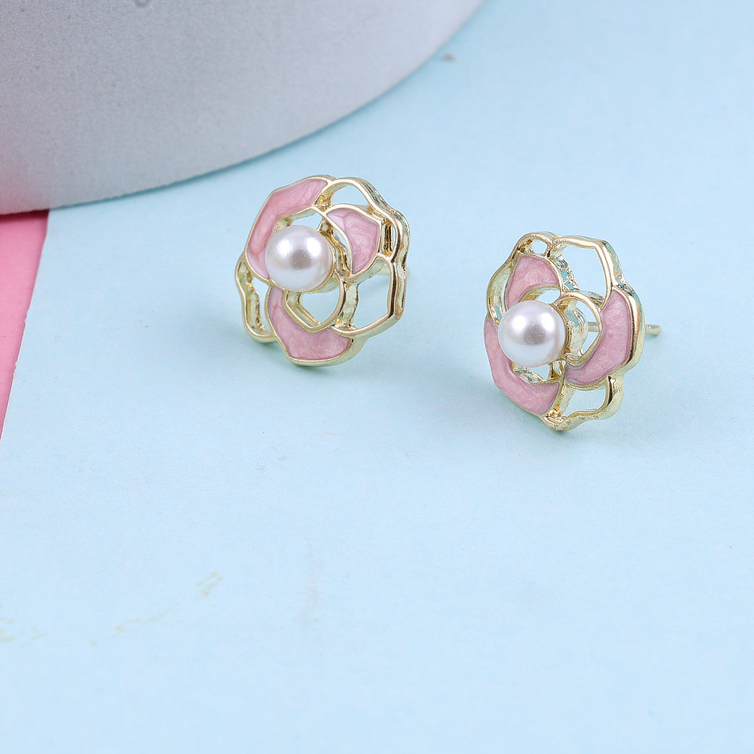 Pink Flower Pearl Earrings