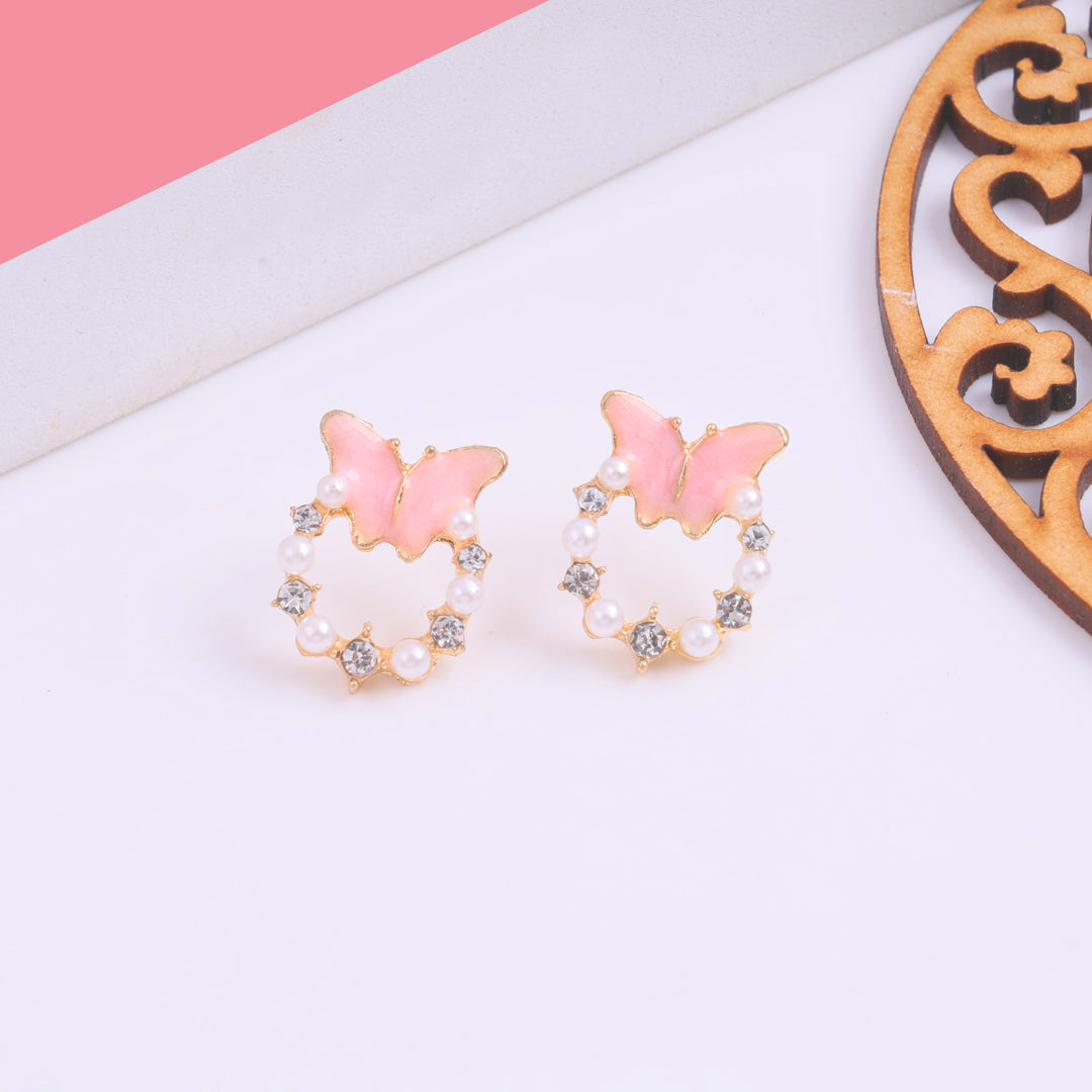 Cute Pink Butterfly Pearl Earrings