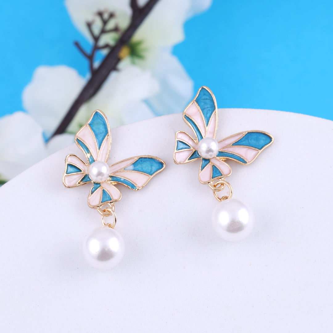 Blue Butterfly Pearl Drop Earrings