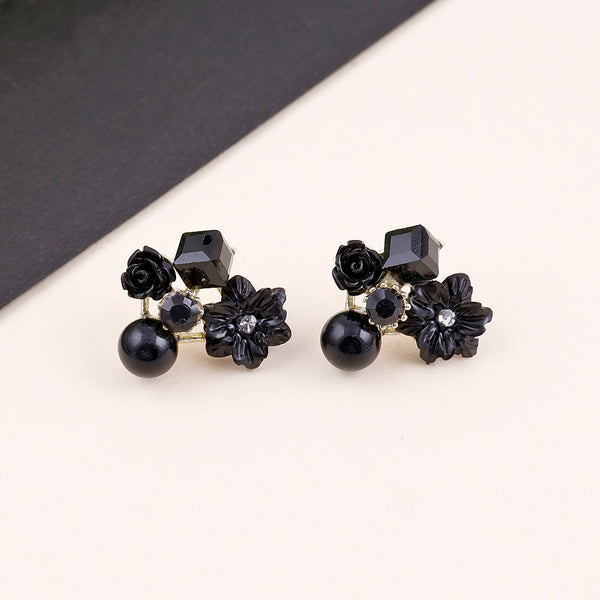 Noble Black Crystal Flower Stud Earrings