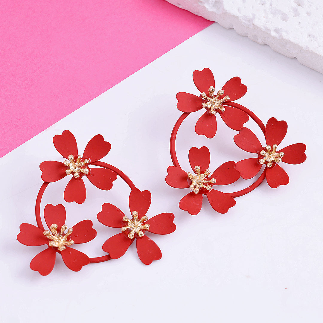 Tripal Red Flower Earrings