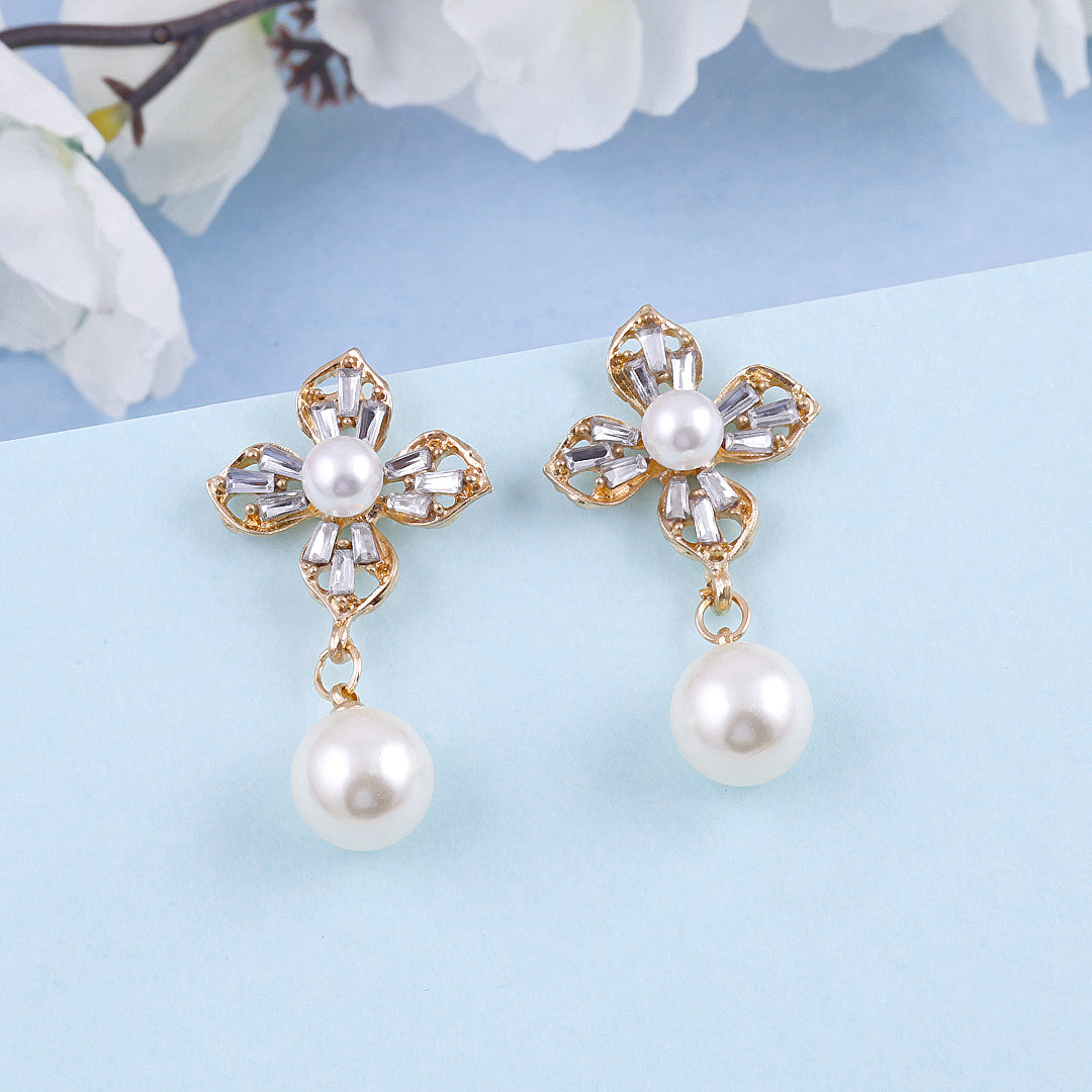 Rhinestone Flower Pearl Drop Earrings