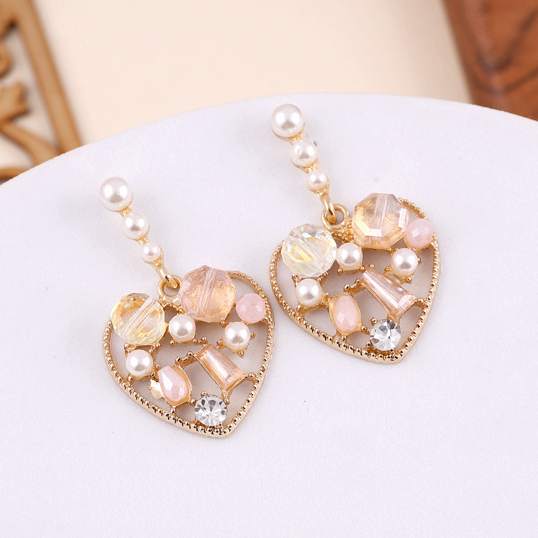 Pearl Rhinestone Heart Drop Earrings