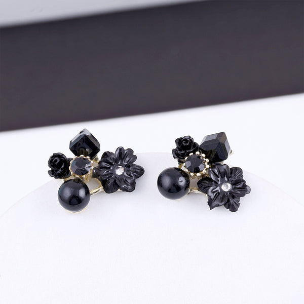 Noble Black Crystal Flower Stud Earrings