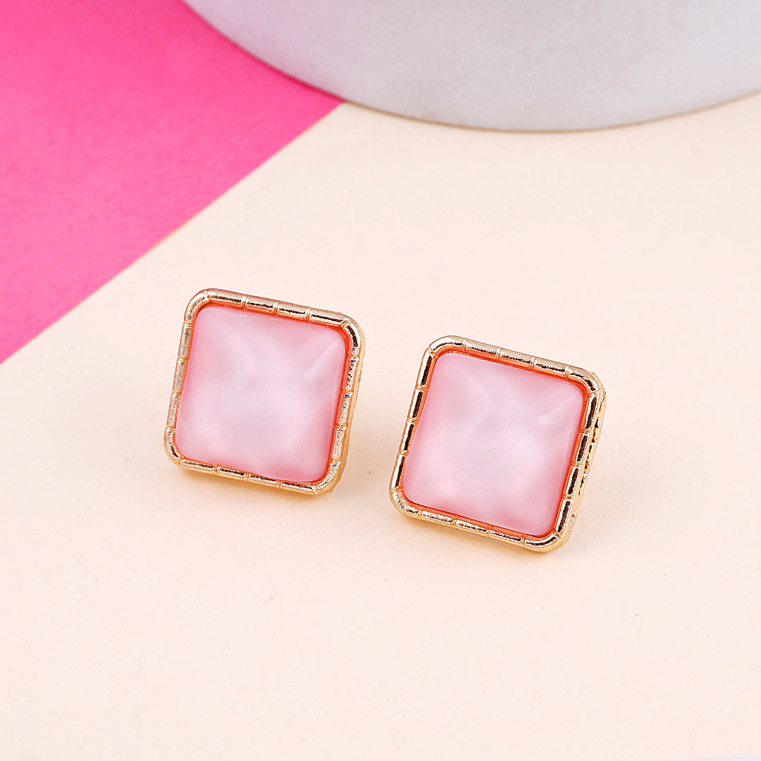 Gold Plated Light Pink Square Earrings