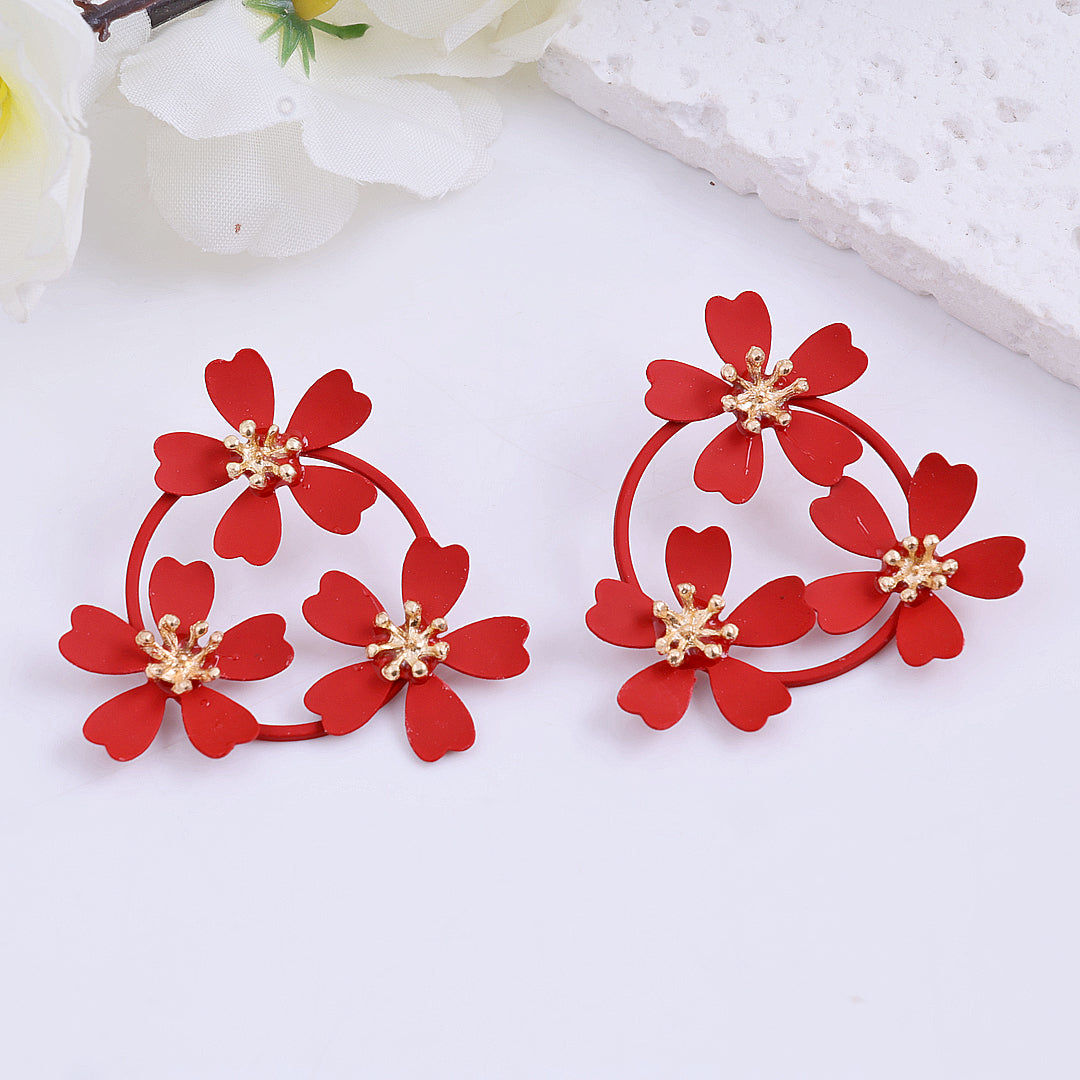 Tripal Red Flower Earrings