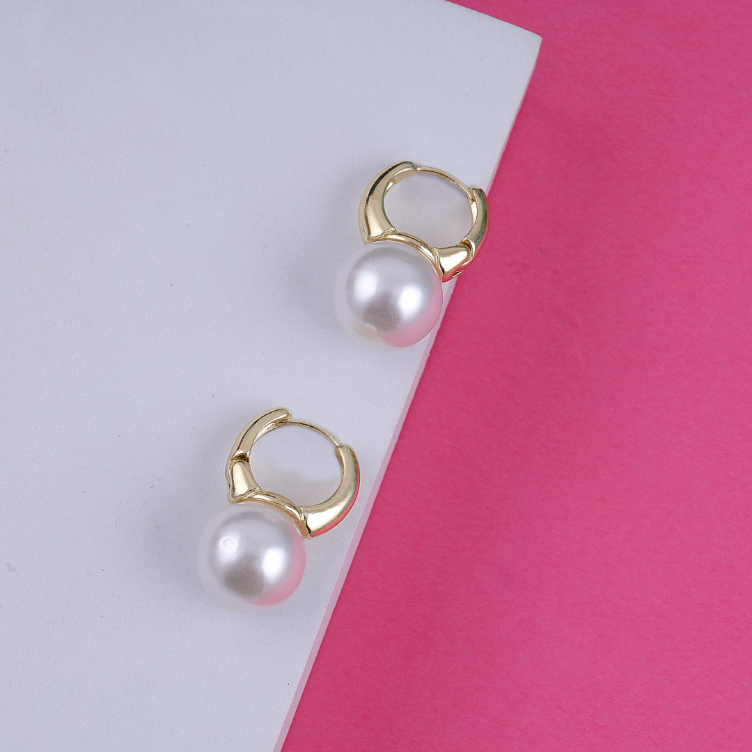 Gold Plate Pearl Drop Hoop Earrings