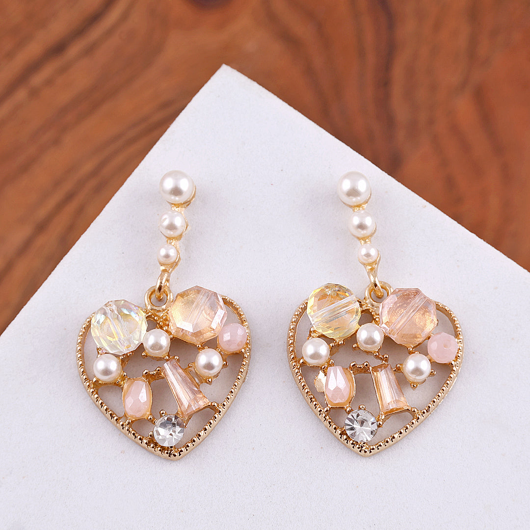 Pearl Rhinestone Heart Drop Earrings