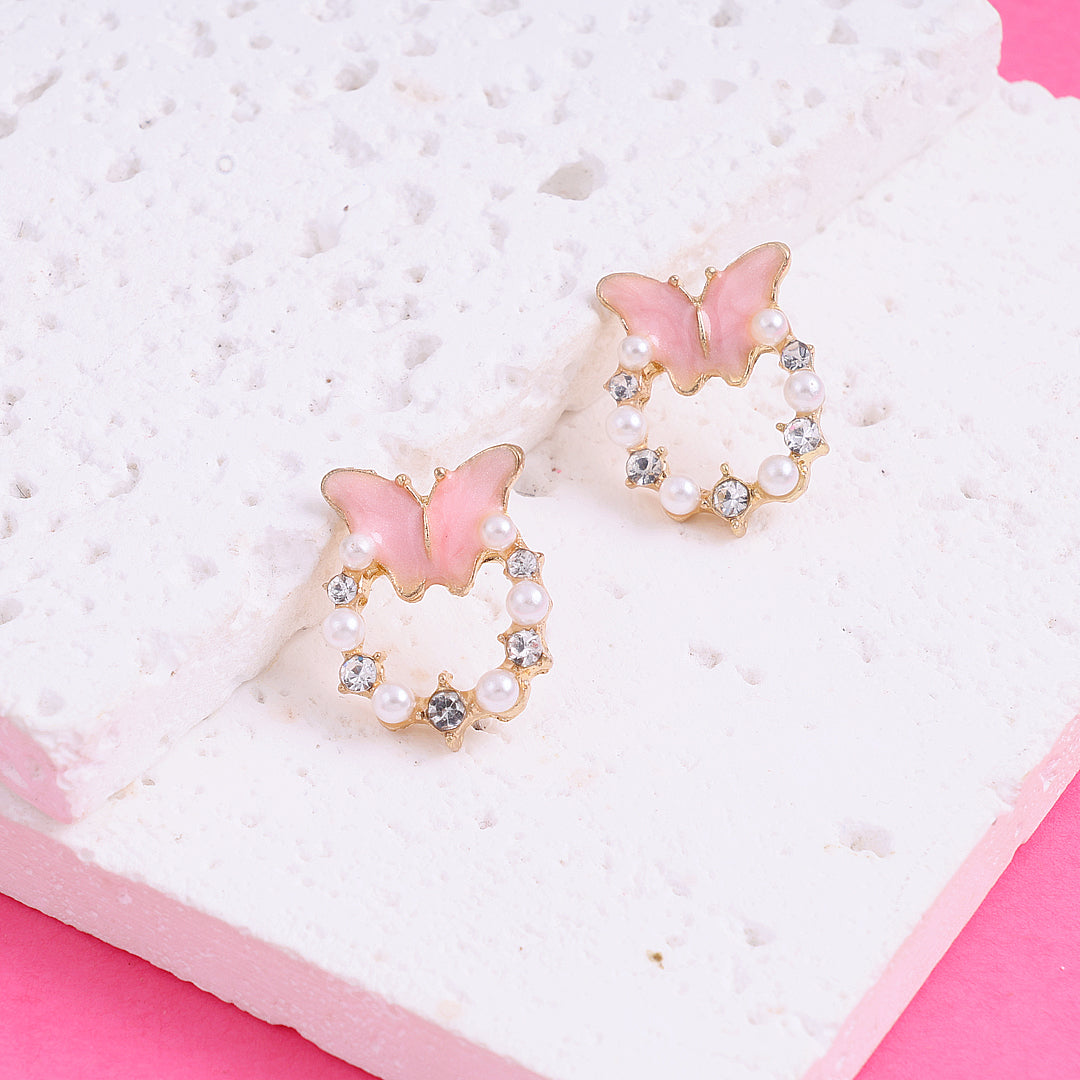 Cute Pink Butterfly Pearl Earrings