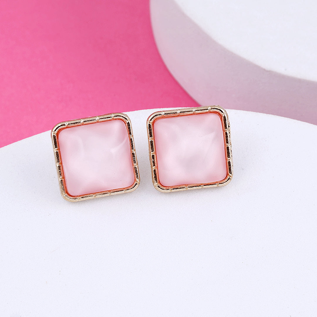 Gold Plated Light Pink Square Earrings