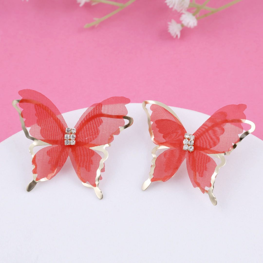 Gold Plated Red Butterfly Earrings