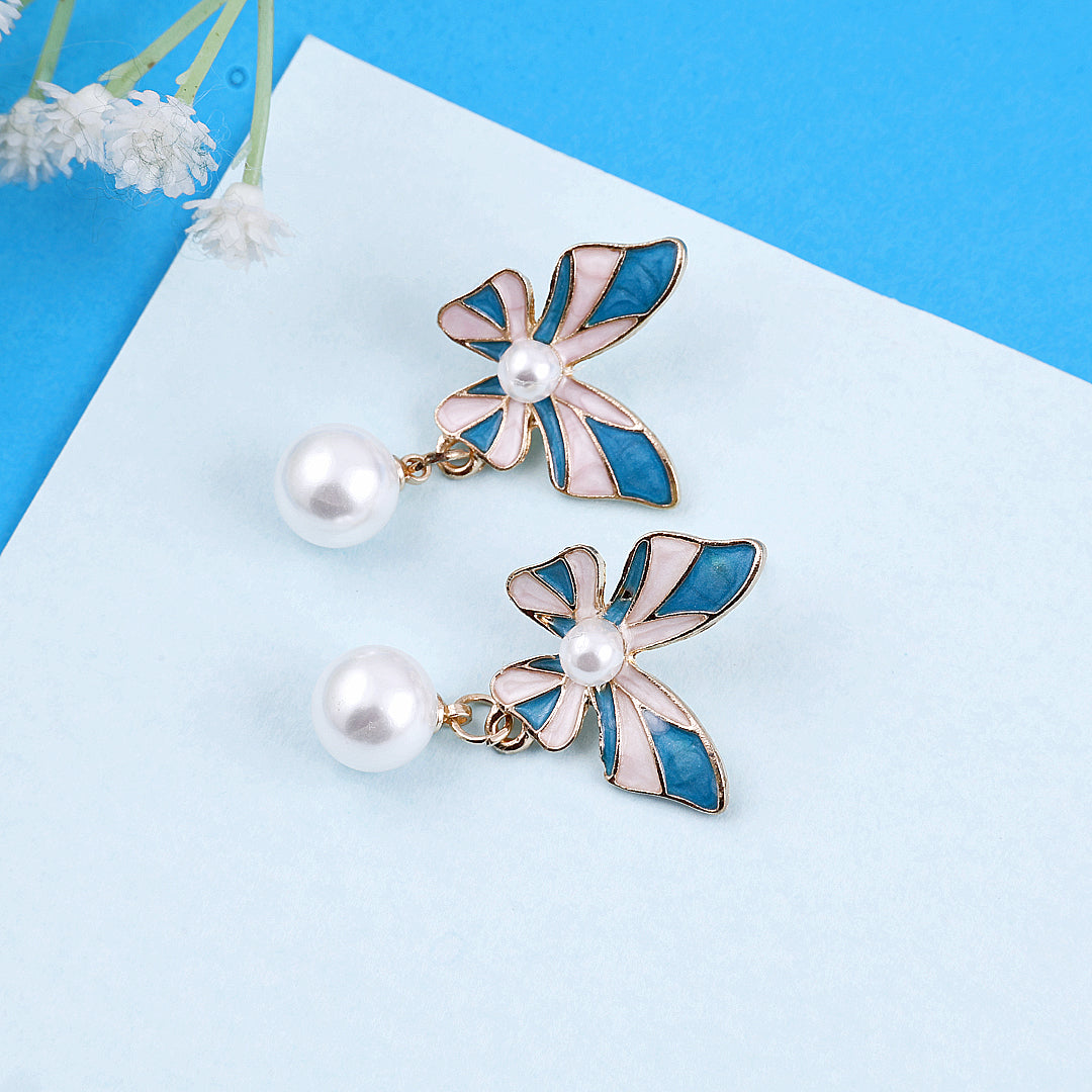 Blue Butterfly Pearl Drop Earrings