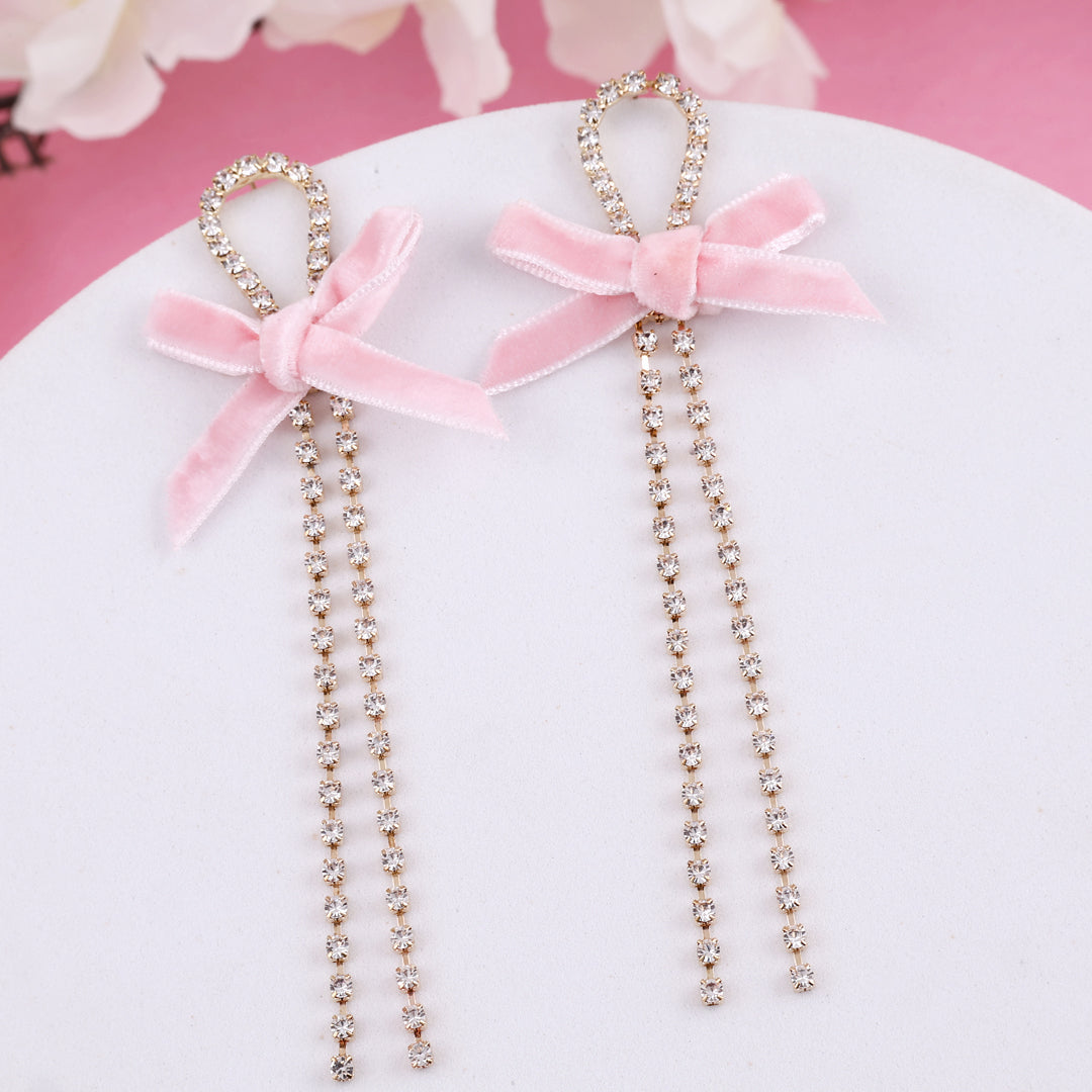 Pink Bowknot Crystal Tassel Earrings