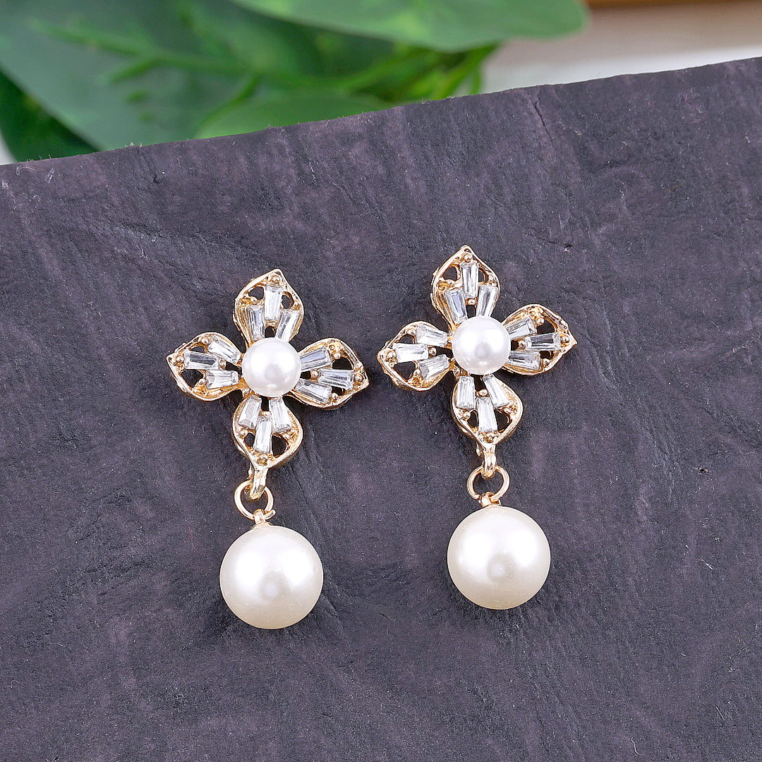 Rhinestone Flower Pearl Drop Earrings