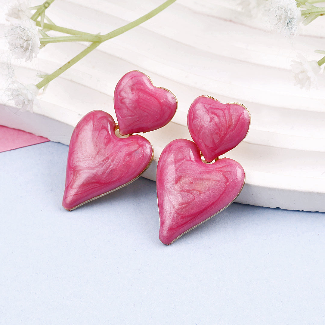 Pink Double Heart Drop Earrings