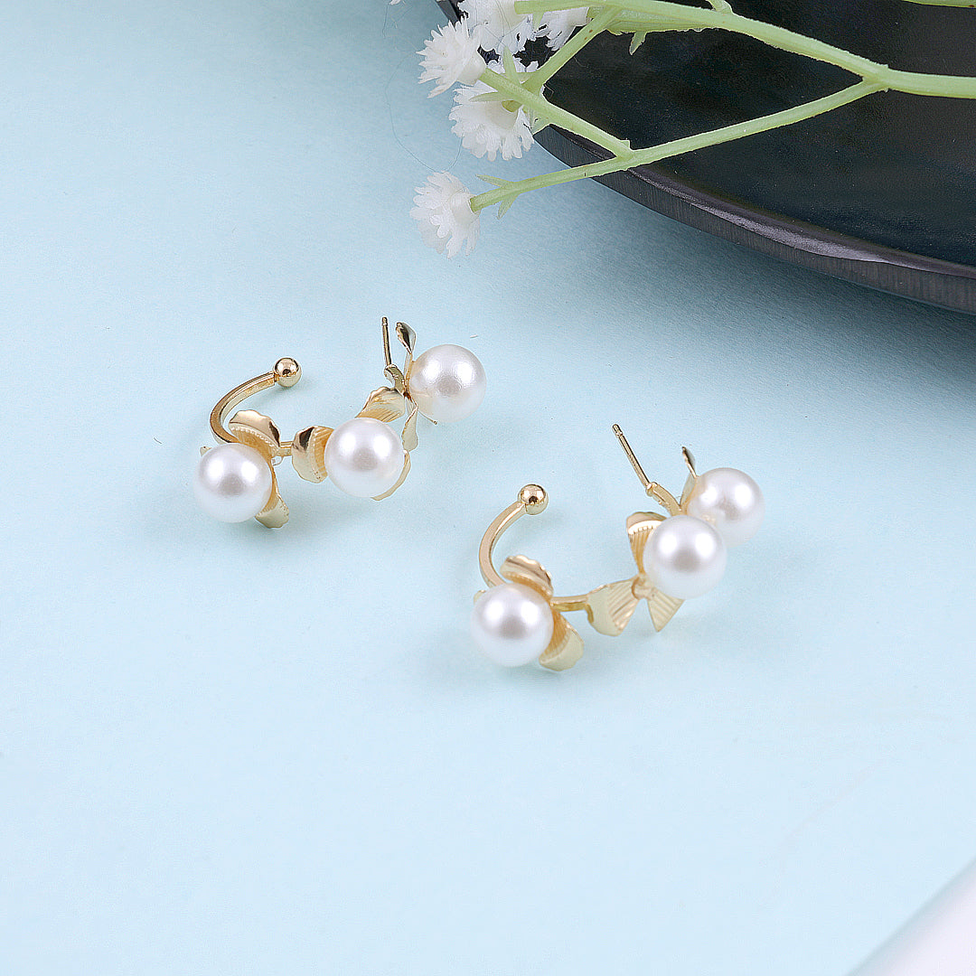 Brass Gold Cotton Shape Pearl Hoop Earrings